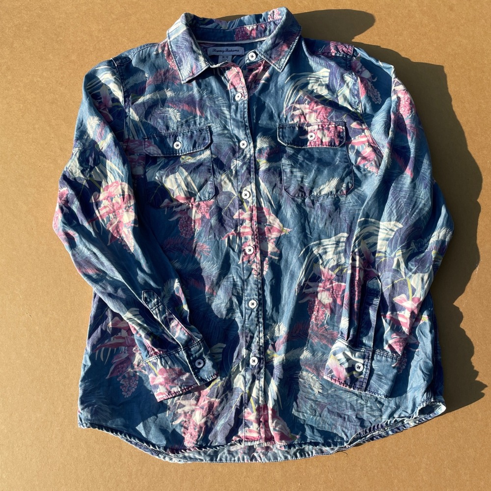 Tommy Bahama Button Up Shirt Women M Blue Tropical Floral Hawaiian Casual Tencel
